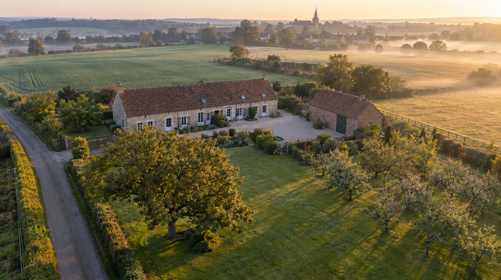 Une maison de pierre claire, sa piscine et son jardin vus du drone en fin d'après-midi, les toits du quartier autour