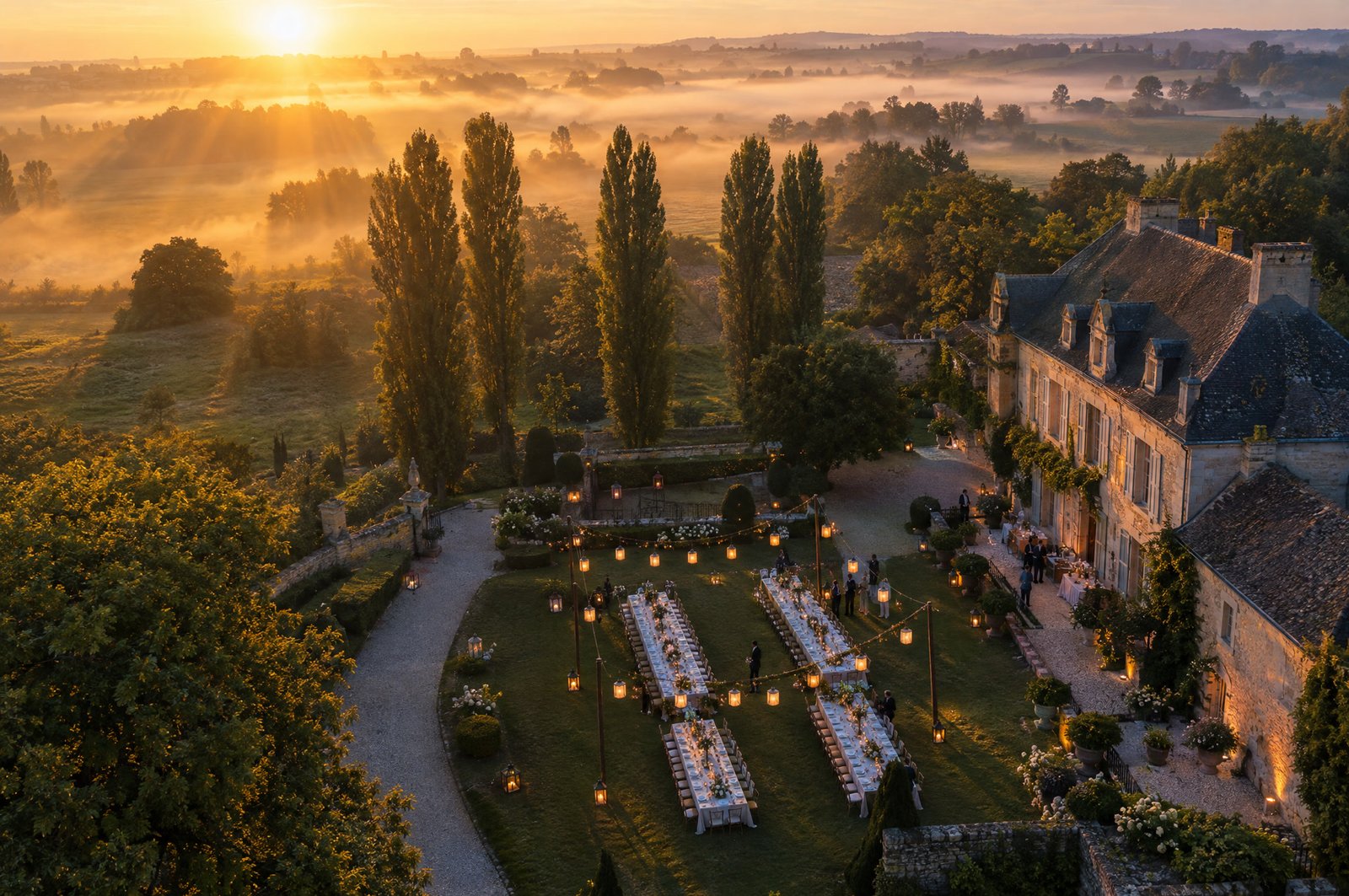 Vue aérienne d'un domaine de réception au coucher du soleil
