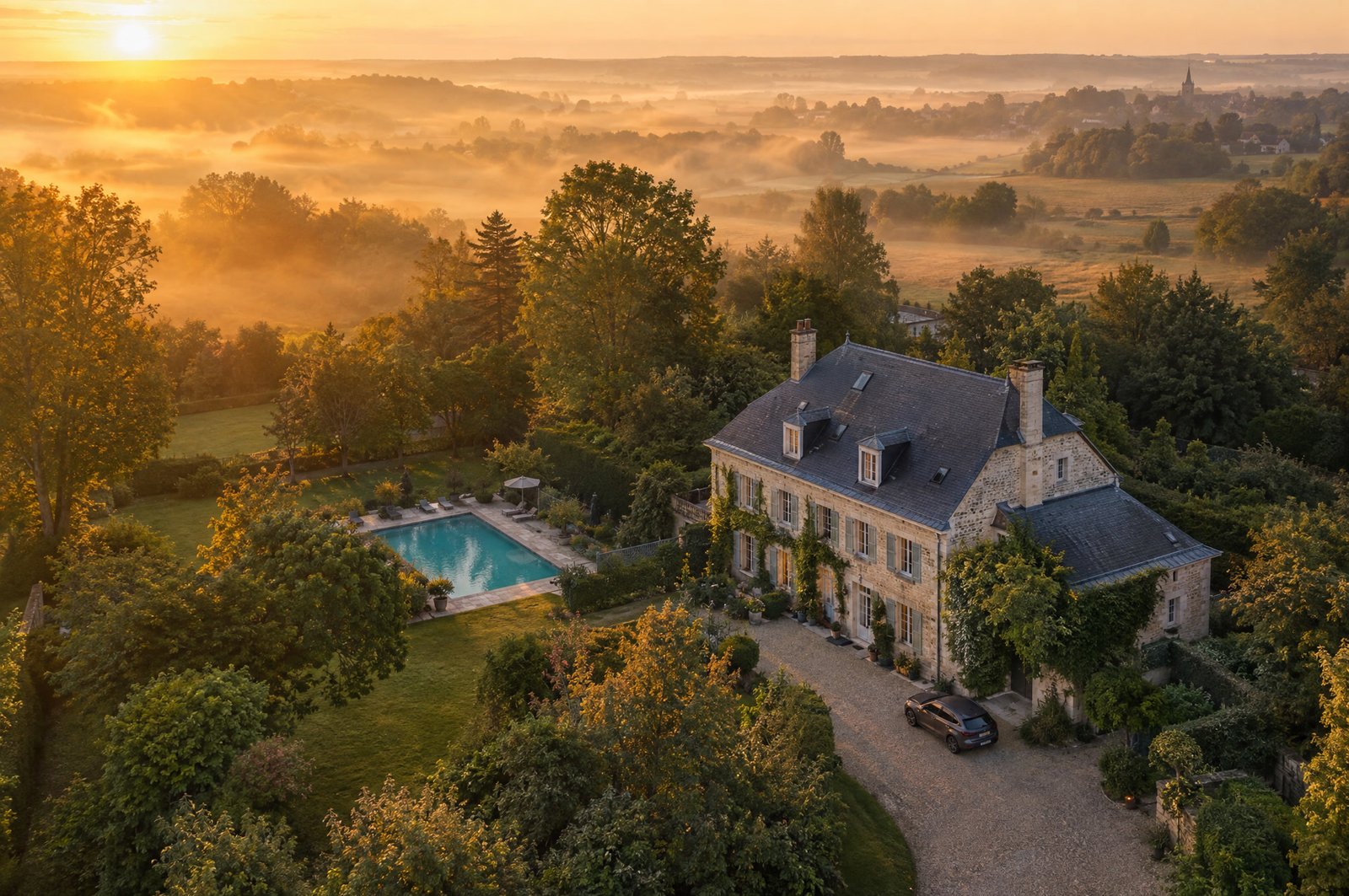 Maison avec jardin et piscine vue du ciel