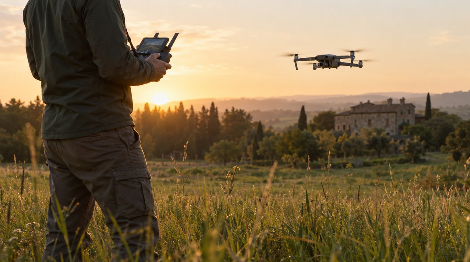 Télépilote debout près d'une zone de décollage balisée de cônes orange sur une pelouse, drone en vol à hauteur des arbres dans la lumière rasante du matin, un château de pierre claire en fond