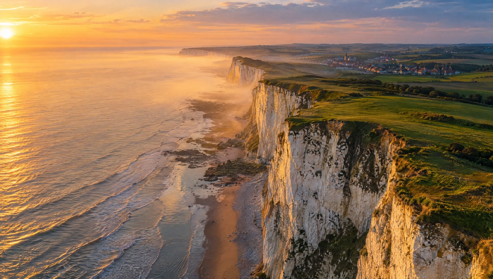 Les falaises de la Côte d'Opale vues du ciel au coucher du soleil